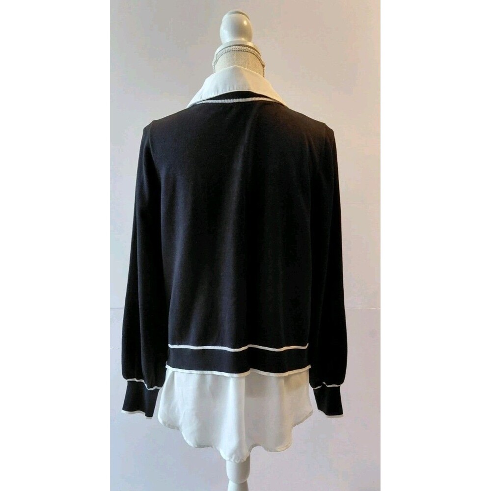 Adrianna Papell Size L Black Bishop Sleeve V-Neck Sweater White Collar and Tails - Picture 3 of 9